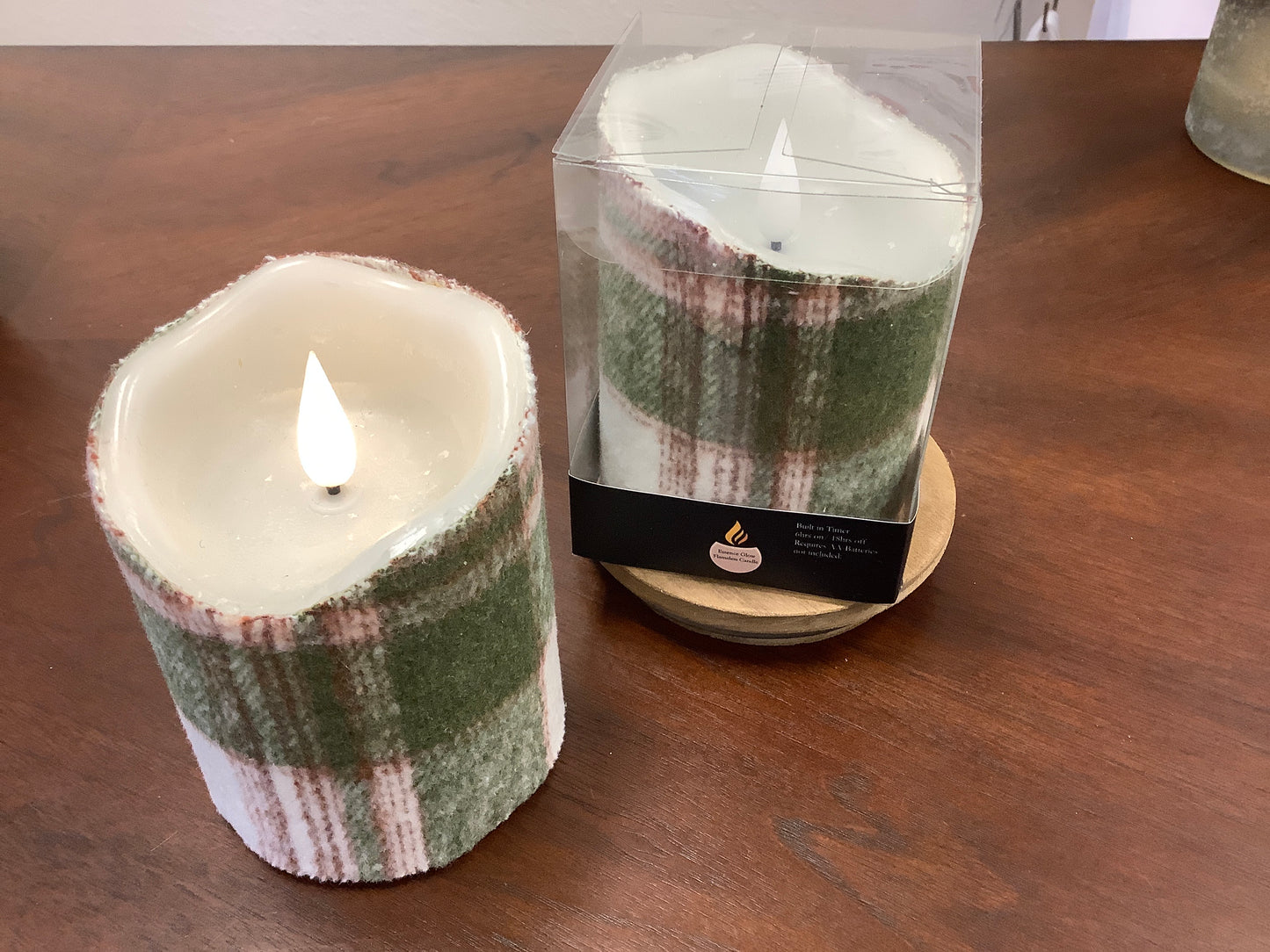 Cozy Holiday LED Candle - Green Plaid 3” Built in Timer