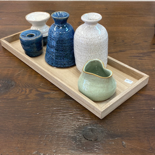 Stoneware Vases & Candle Holder w/ Wood Tray