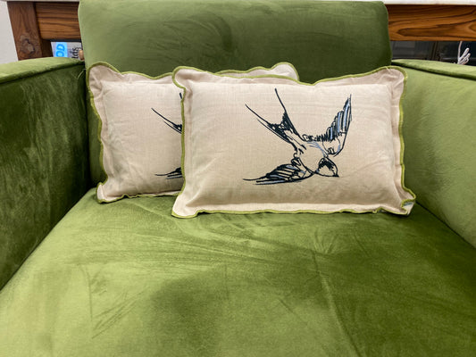 Chambray Lumbar Pillow w/bird