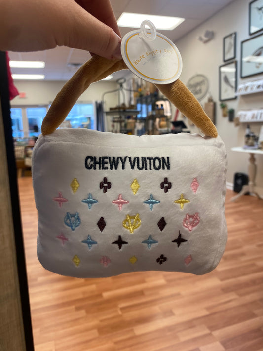 White Chewy Vuiton Handbag Dog Toy