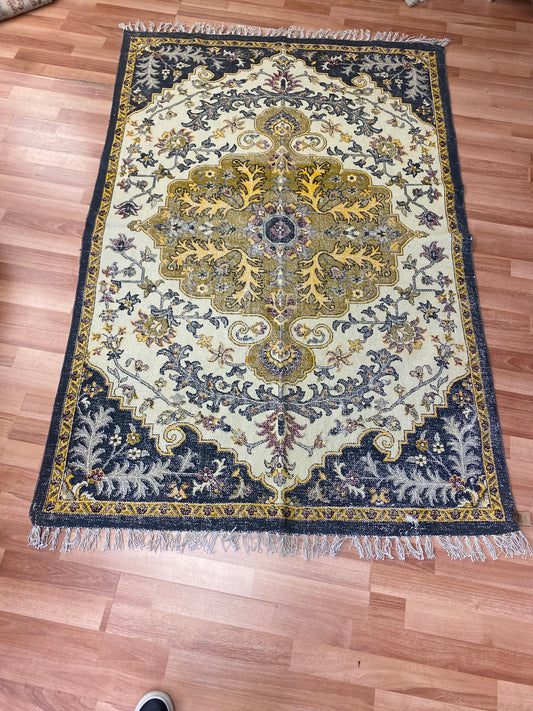 Navy & Gold Woven Distressed Cotton Print Rug