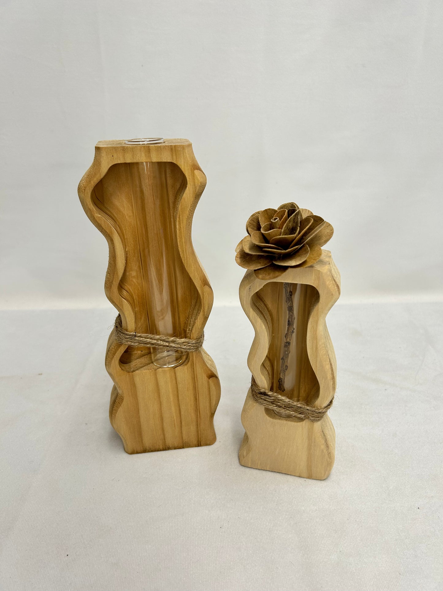 Set of 3 Carved Wood & Glass Vases