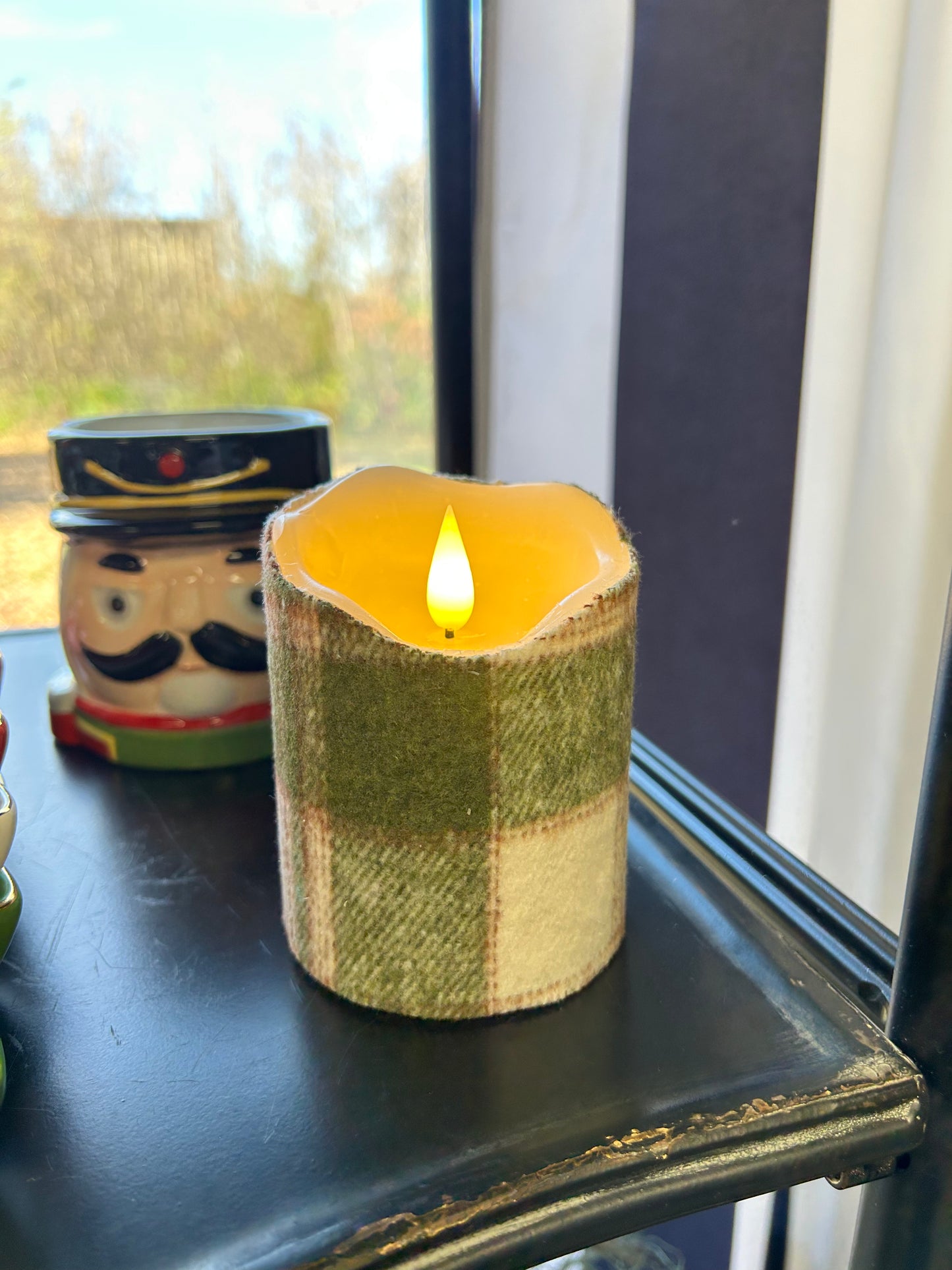 Green & Brown Plaid Realistic LED Pillar Candle