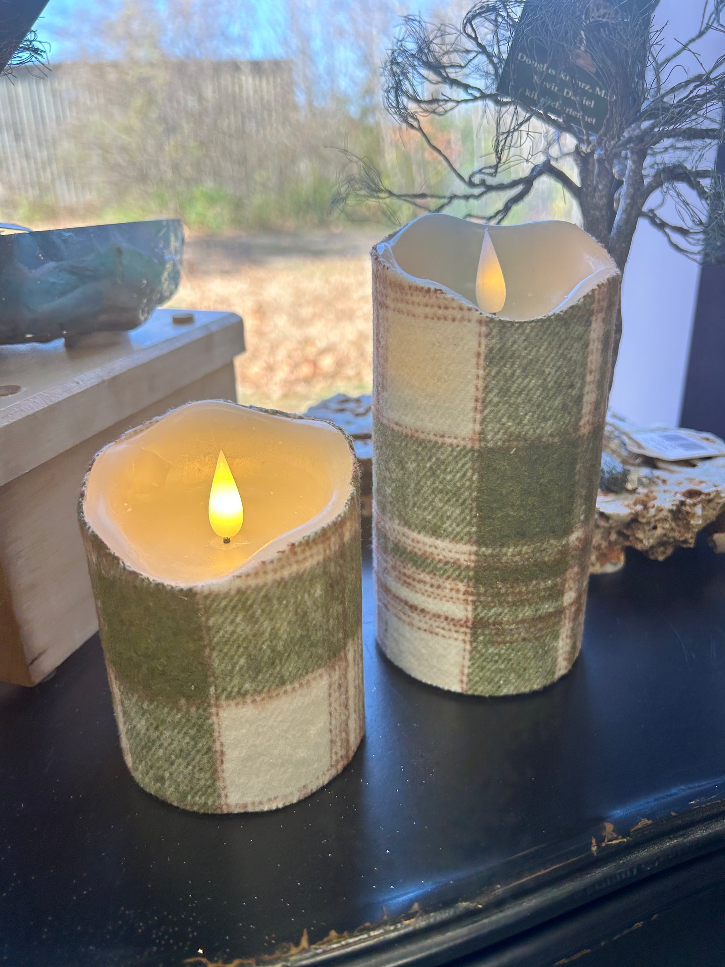 Green & Brown Plaid Realistic LED Pillar Candle