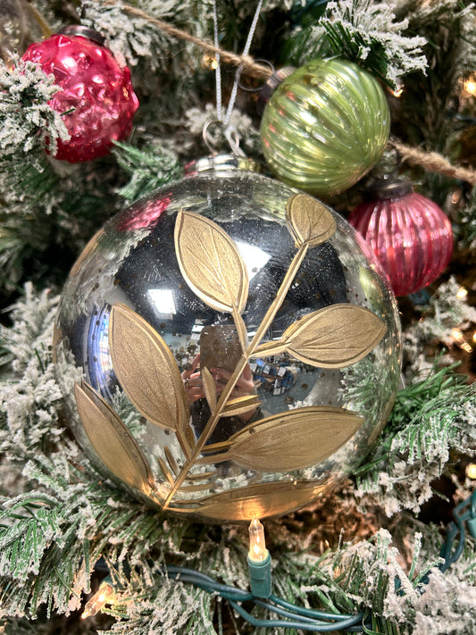 Antique Mercury Glass & Botanical Gold Etched Ornament