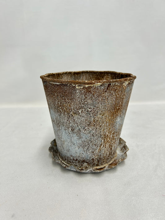 Distressed Metal Pot with Saucer